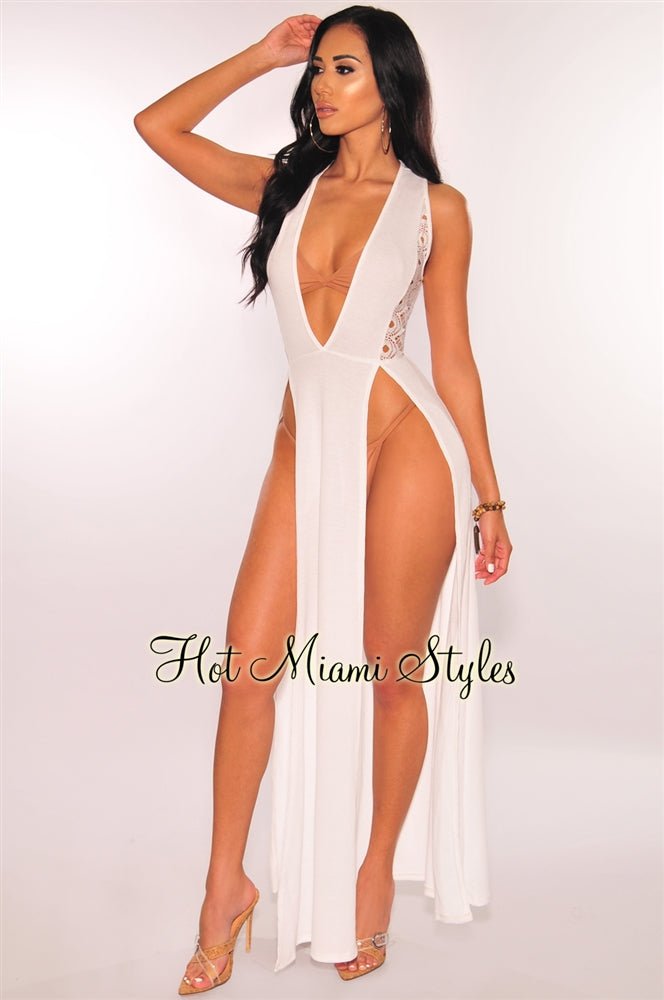 White Crochet Double Slit Cover Up Maxi Dress