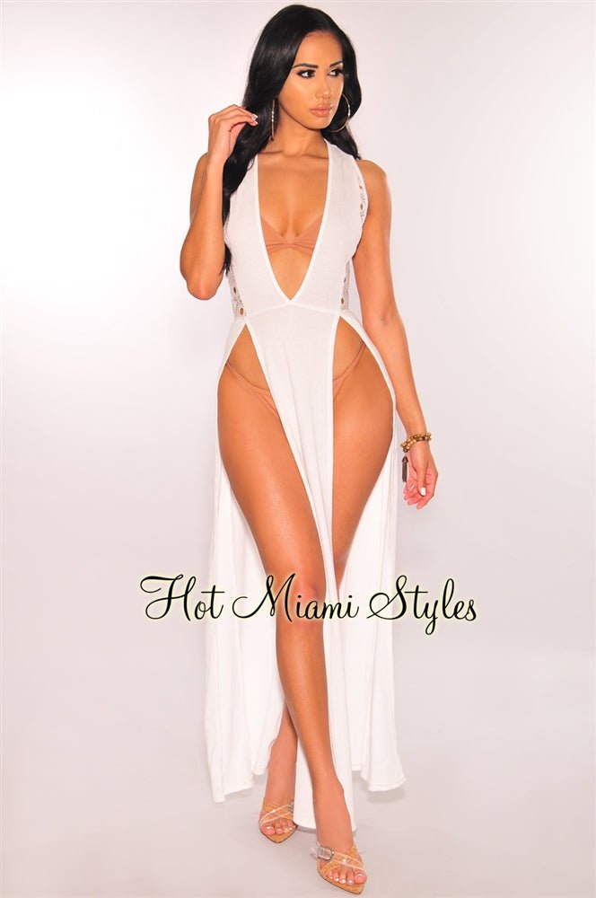 White Crochet Double Slit Cover Up Maxi Dress