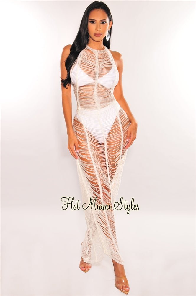 White Crochet Ladder Cut Halter Open Back Maxi Cover Up Dress