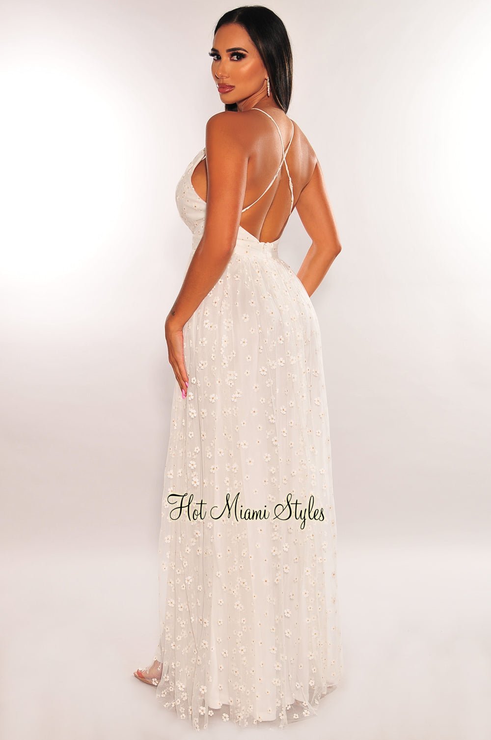 White Floral Embroidered Mesh Criss Cross Back Double Slit Maxi Dress