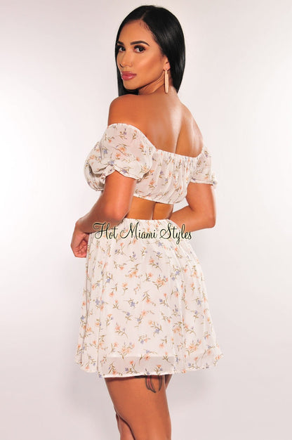 White Floral Print Off Shoulder Short Sleeve Cut Out Babydoll Dress