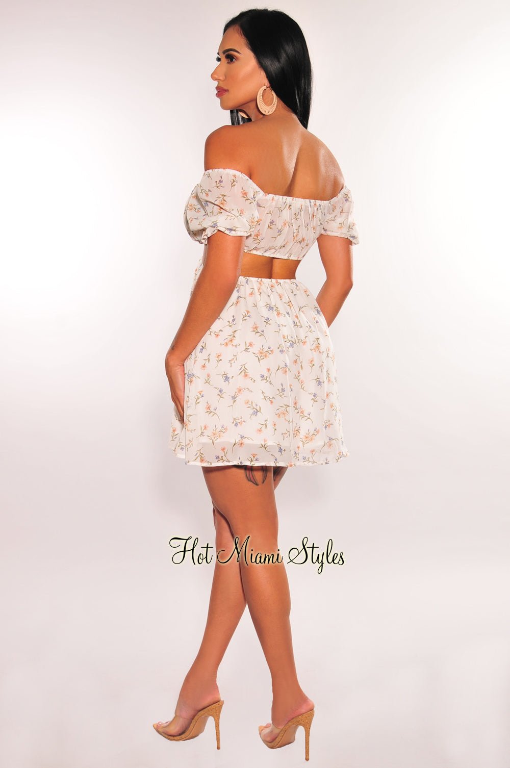 White Floral Print Off Shoulder Short Sleeve Cut Out Babydoll Dress