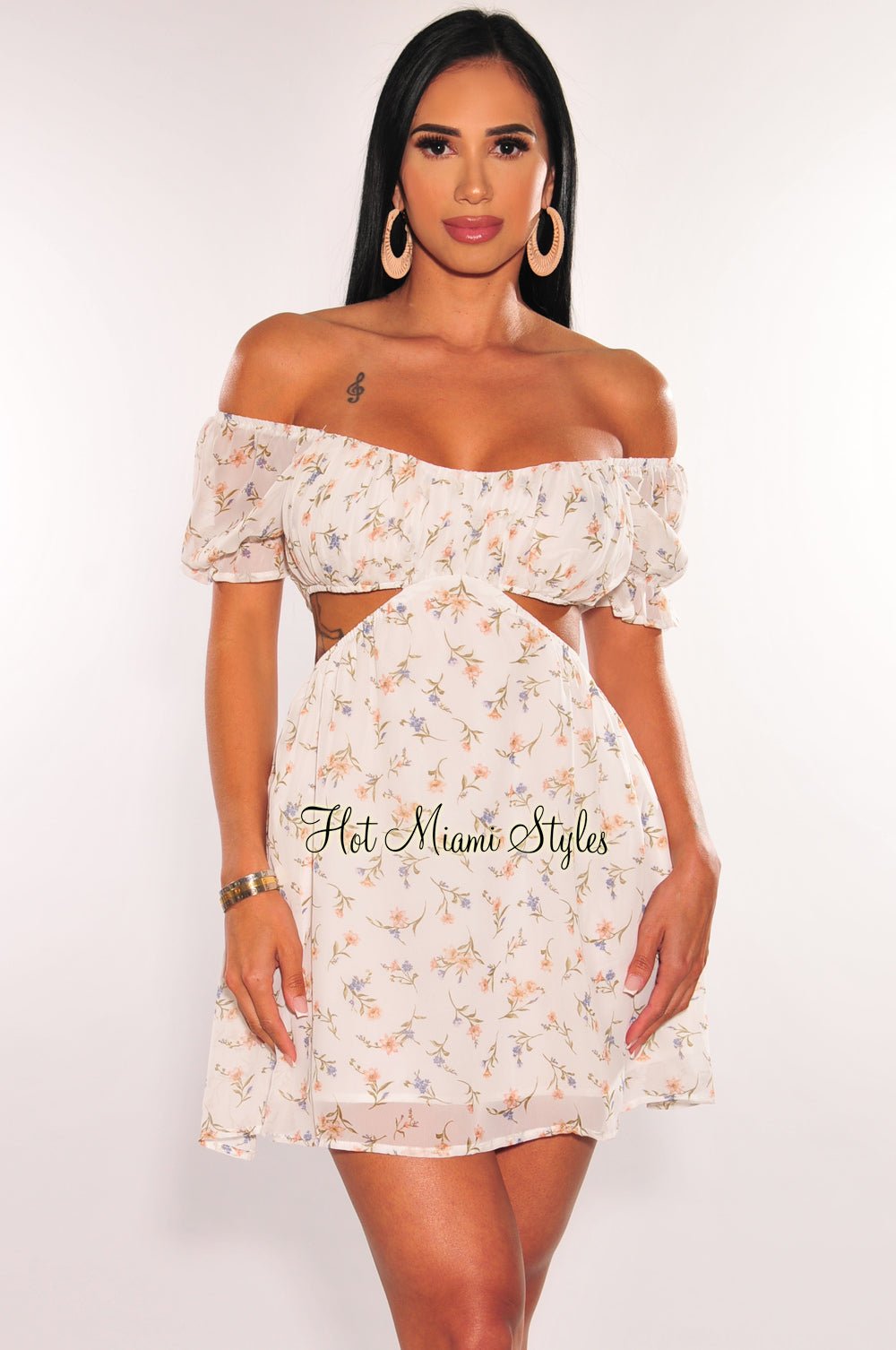 White Floral Print Off Shoulder Short Sleeve Cut Out Babydoll Dress