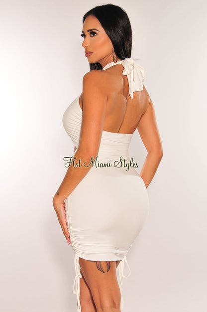 White Halter CrissCross Cut Out Ruched Dress