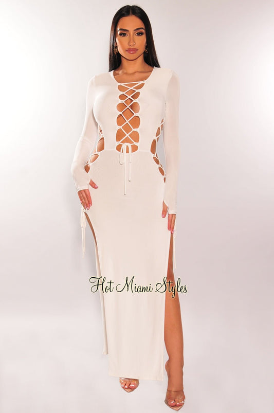 White Lace Up Long Sleeve Double Slit Dress