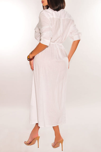 White Linen Mid Sleeve Collared Button Down Belted Dress