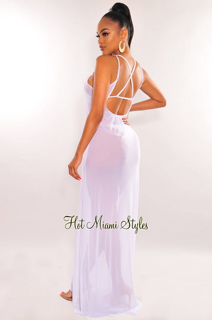 White Mesh Sheer Spaghetti Straps Maxi Dress Cover Up