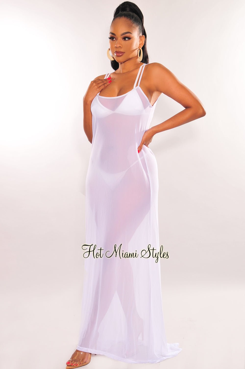 White Mesh Sheer Spaghetti Straps Maxi Dress Cover Up