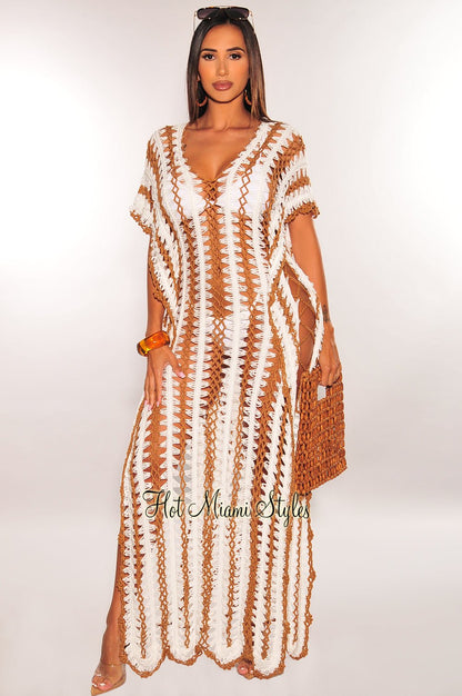 White Mocha Crochet V Neck Side Lace Up Cover Up Maxi Dress