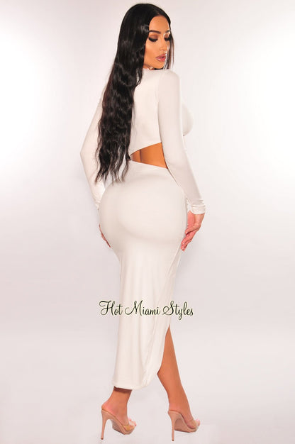 White Mock Neck Long Sleeve Cut Out Ruched Slit Dress