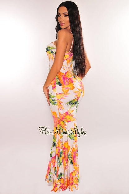 White Multicolor Tropical Print Spaghetti Strap Knotted Cut Out Mermaid Dress