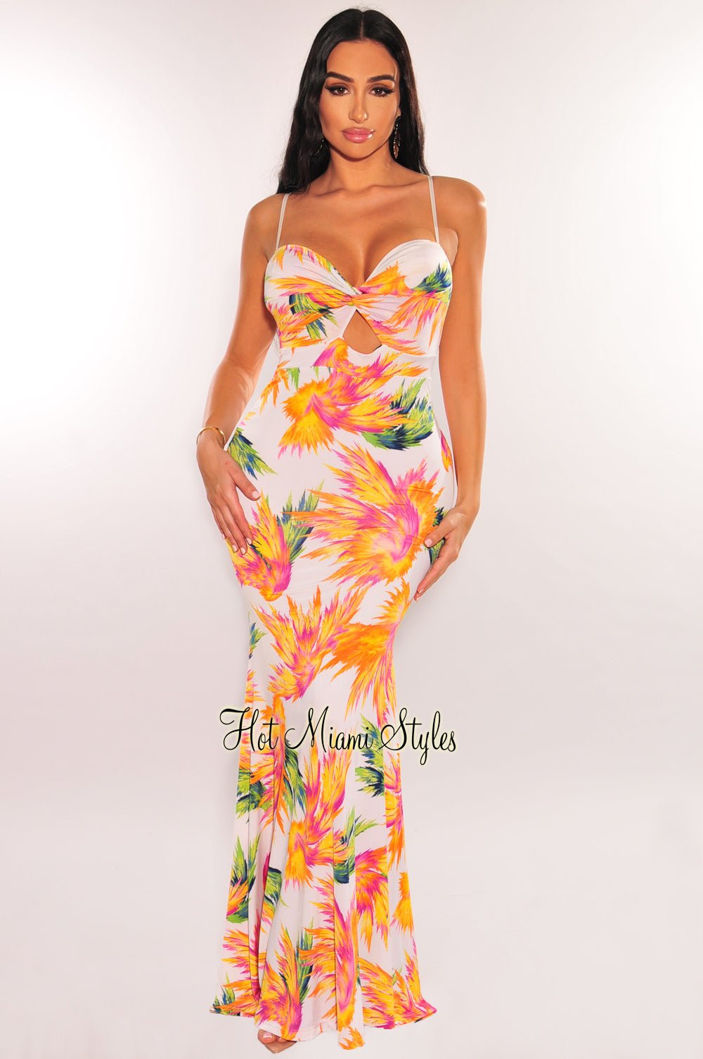 White Multicolor Tropical Print Spaghetti Strap Knotted Cut Out Mermaid Dress