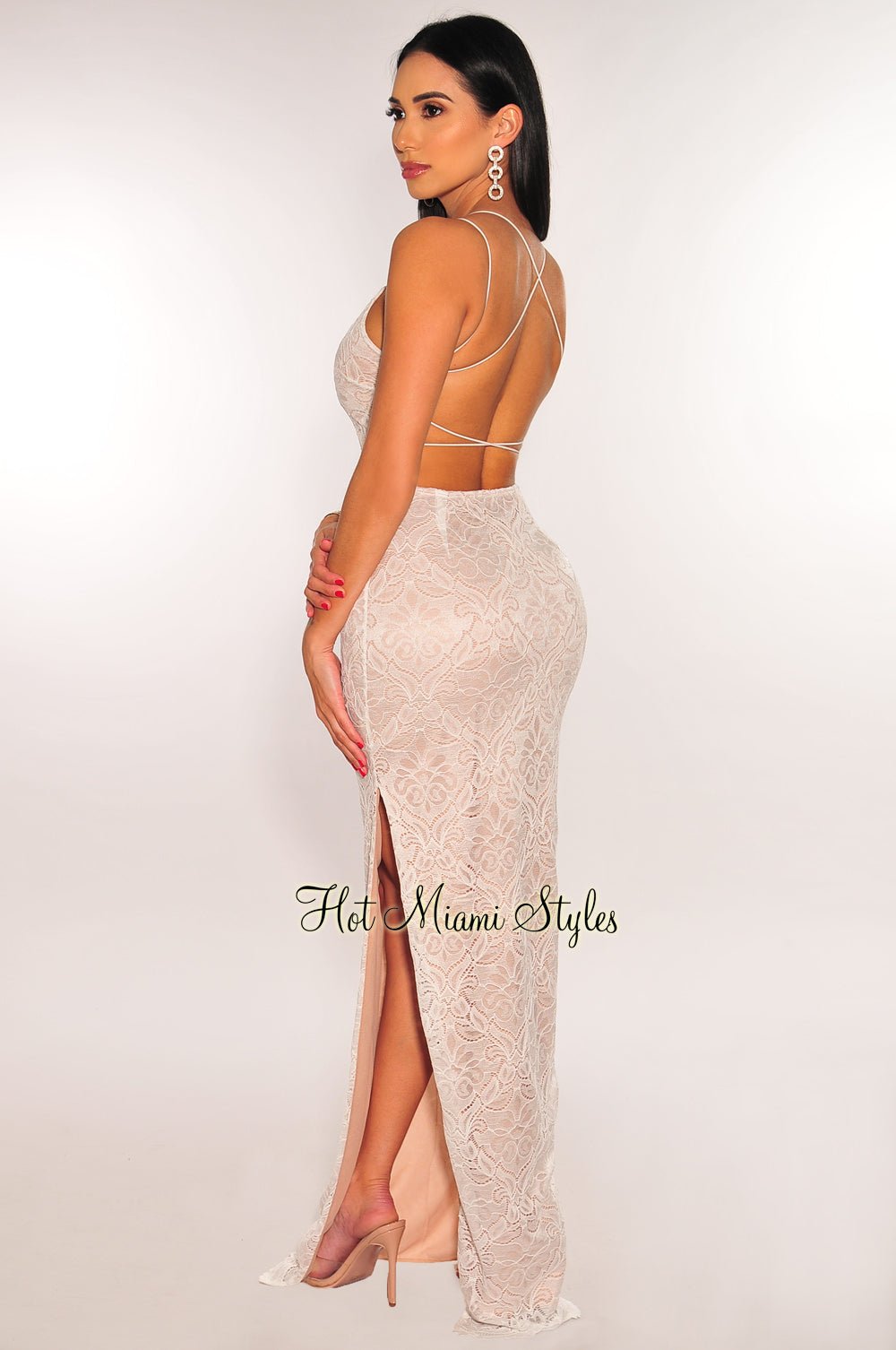 White Nude Floral Lace Elastic Straps CrissCross Back Slit Maxi Dress