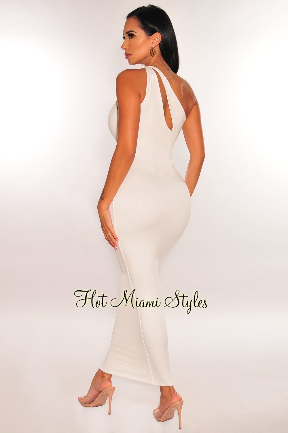 White One Shoulder Knotted Sleeveless Cut Out Midi Dress