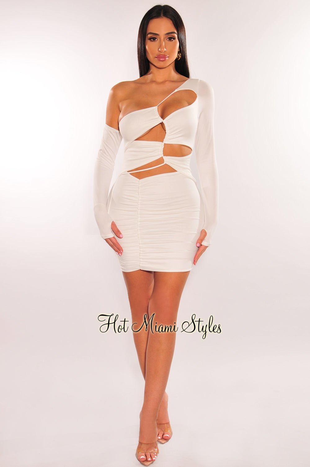 White One Shoulder Long Sleeve Drawstring Cut Out Ruched Dress