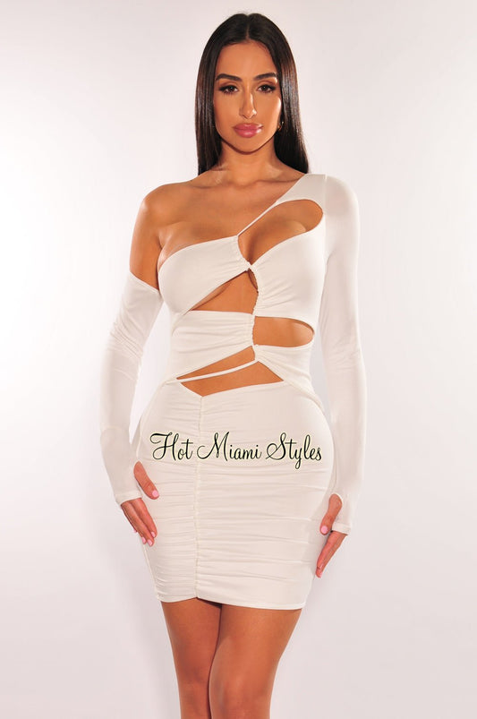 White One Shoulder Long Sleeve Drawstring Cut Out Ruched Dress