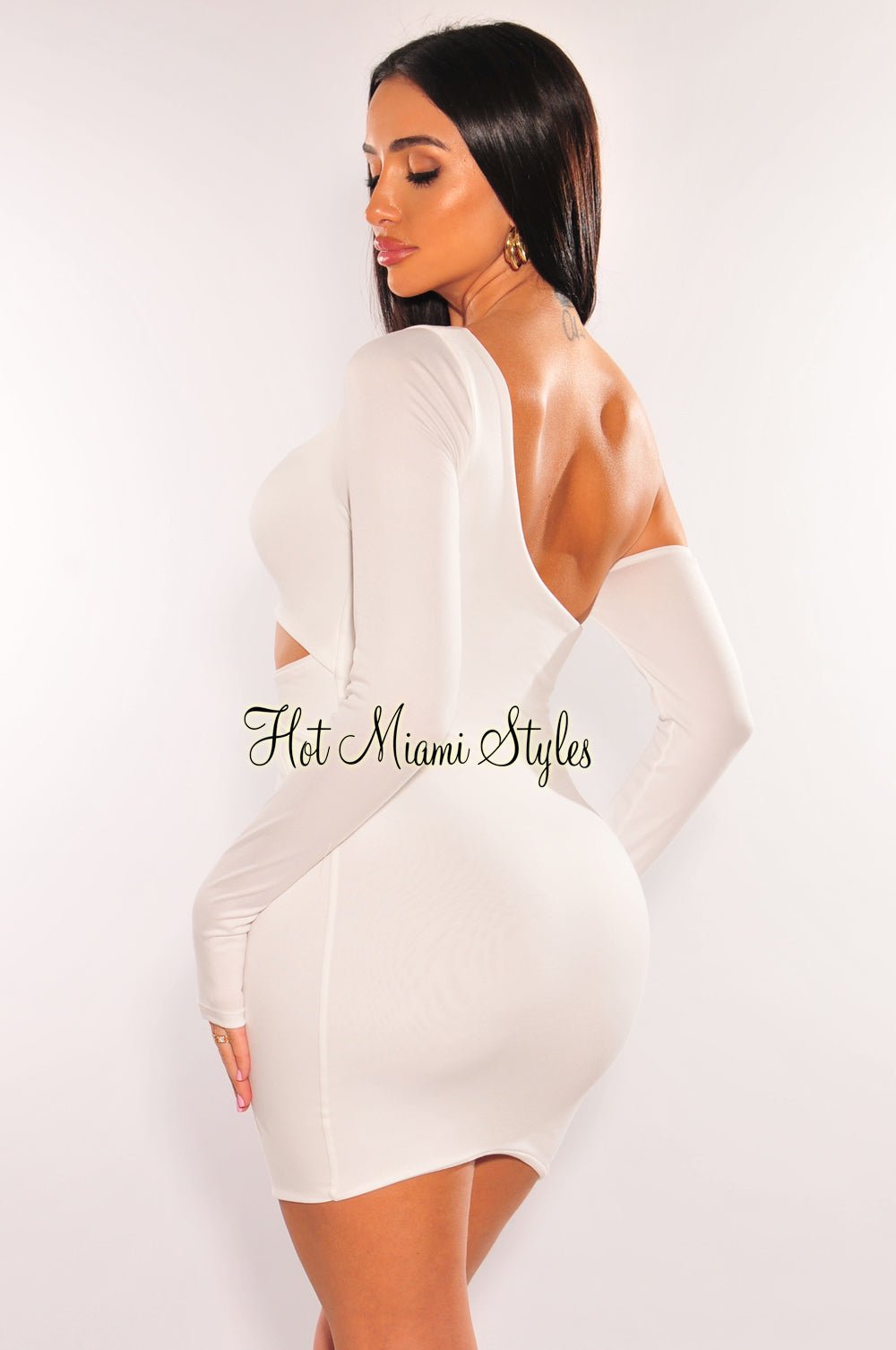 White One Shoulder Long Sleeve Drawstring Cut Out Ruched Dress