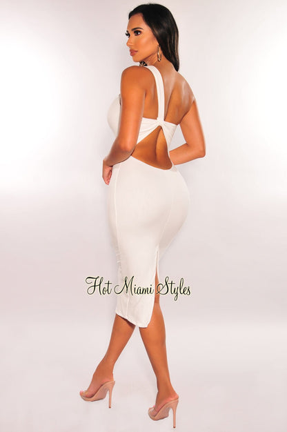 White One Shoulder Strap Keyhole Cut Out Midi Dress