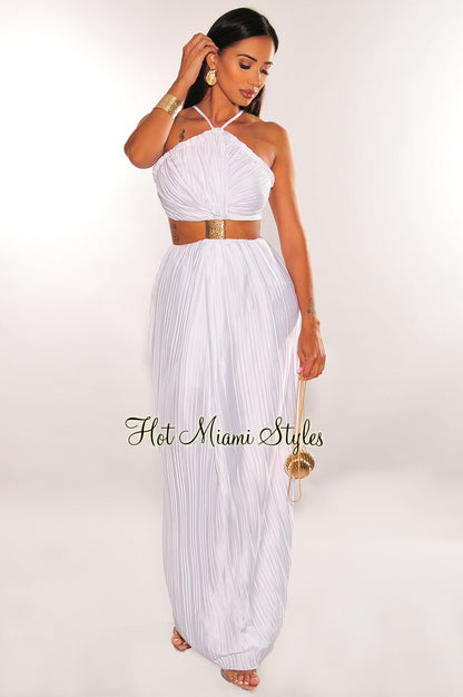 White Pleated Halter Gold Cuff Strappy Cut Out Maxi Dress