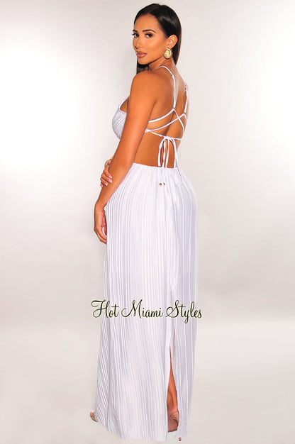 White Pleated Halter Gold Cuff Strappy Cut Out Maxi Dress