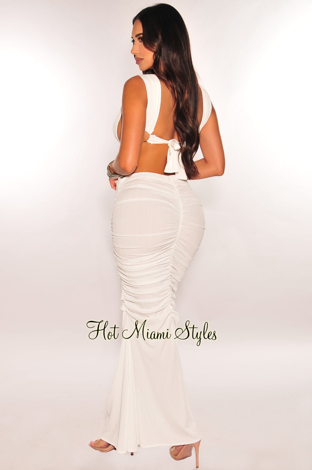 White Ribbed Cut Out O-Ring Pleated Gown