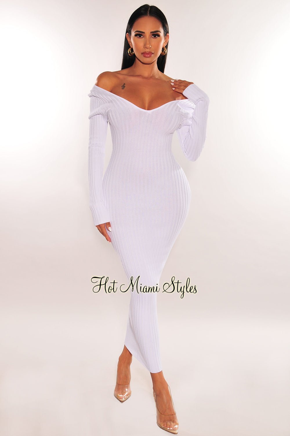 White Ribbed Knit Long Sleeves Dress