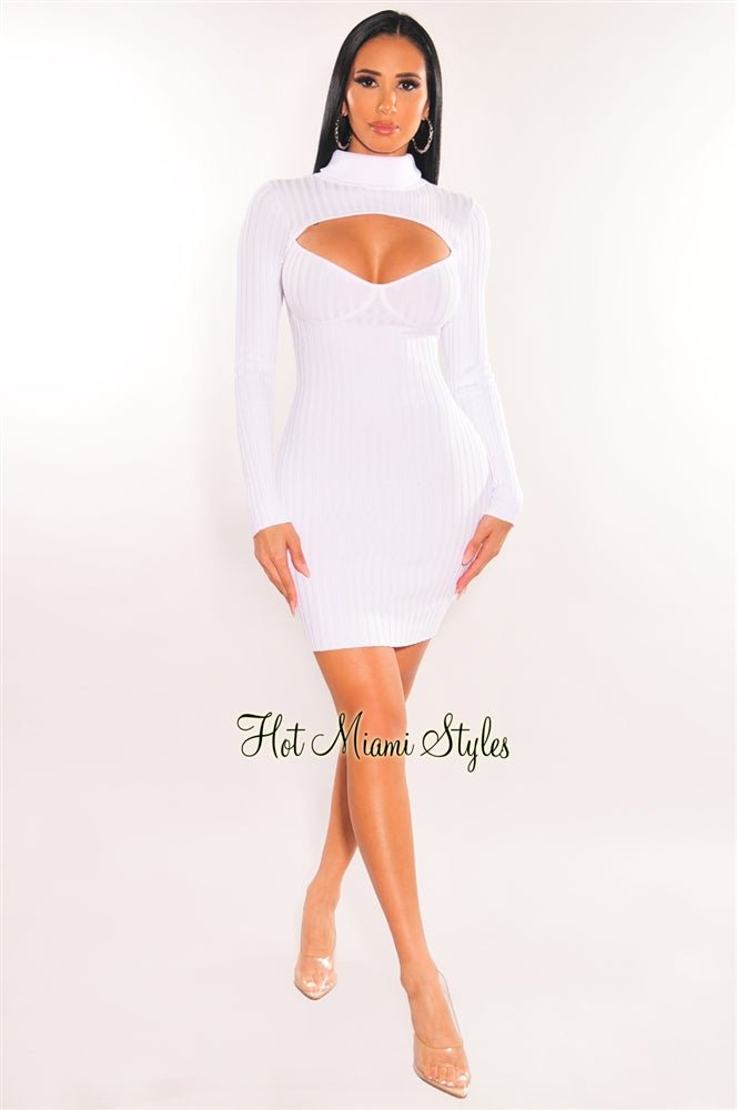 White Ribbed Knit Turtle Neck Long Sleeve Cut Out Dress