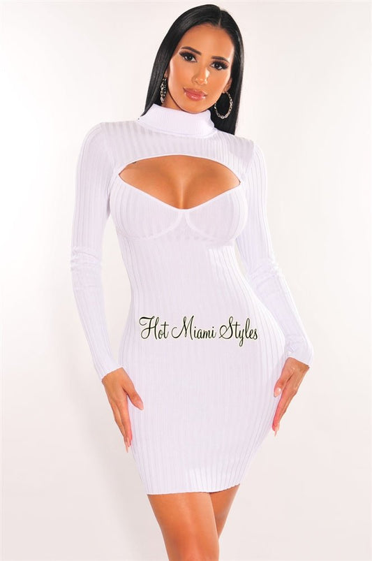 White Ribbed Knit Turtle Neck Long Sleeve Cut Out Dress