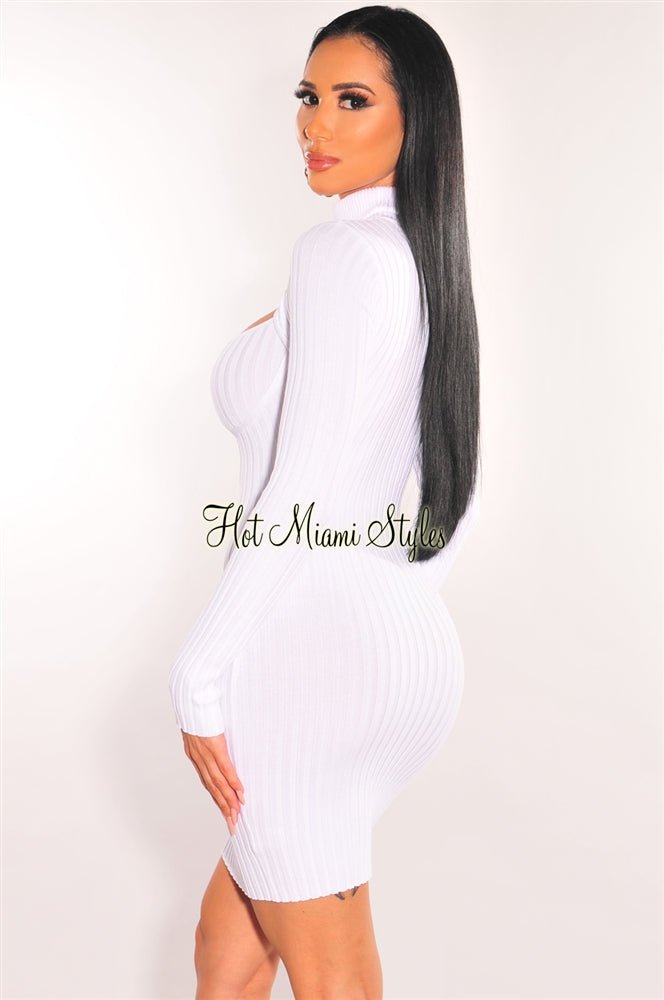 White Ribbed Knit Turtle Neck Long Sleeve Cut Out Dress