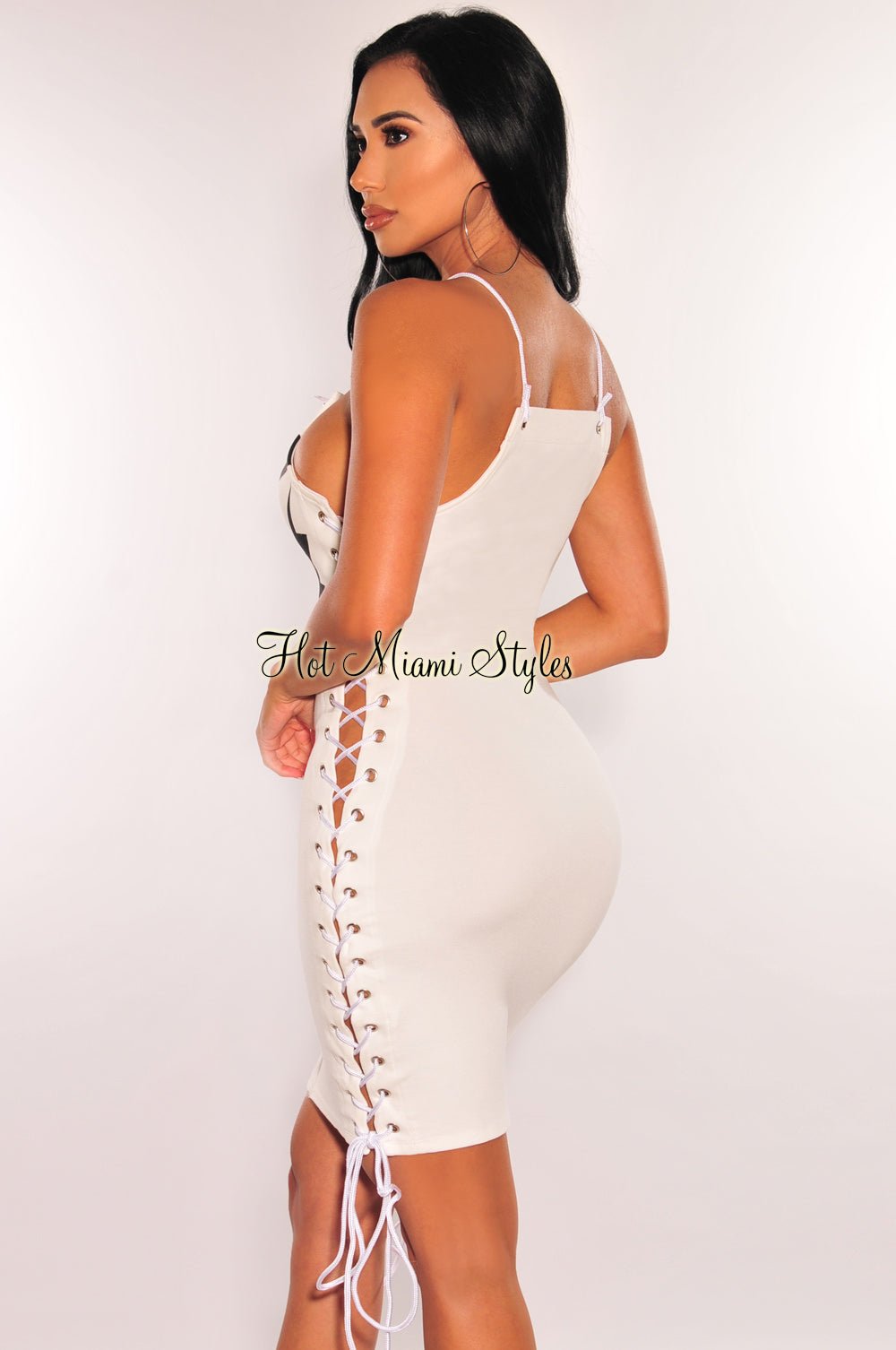 White “Savage” Lace Up Sides Zipper Mini Dress