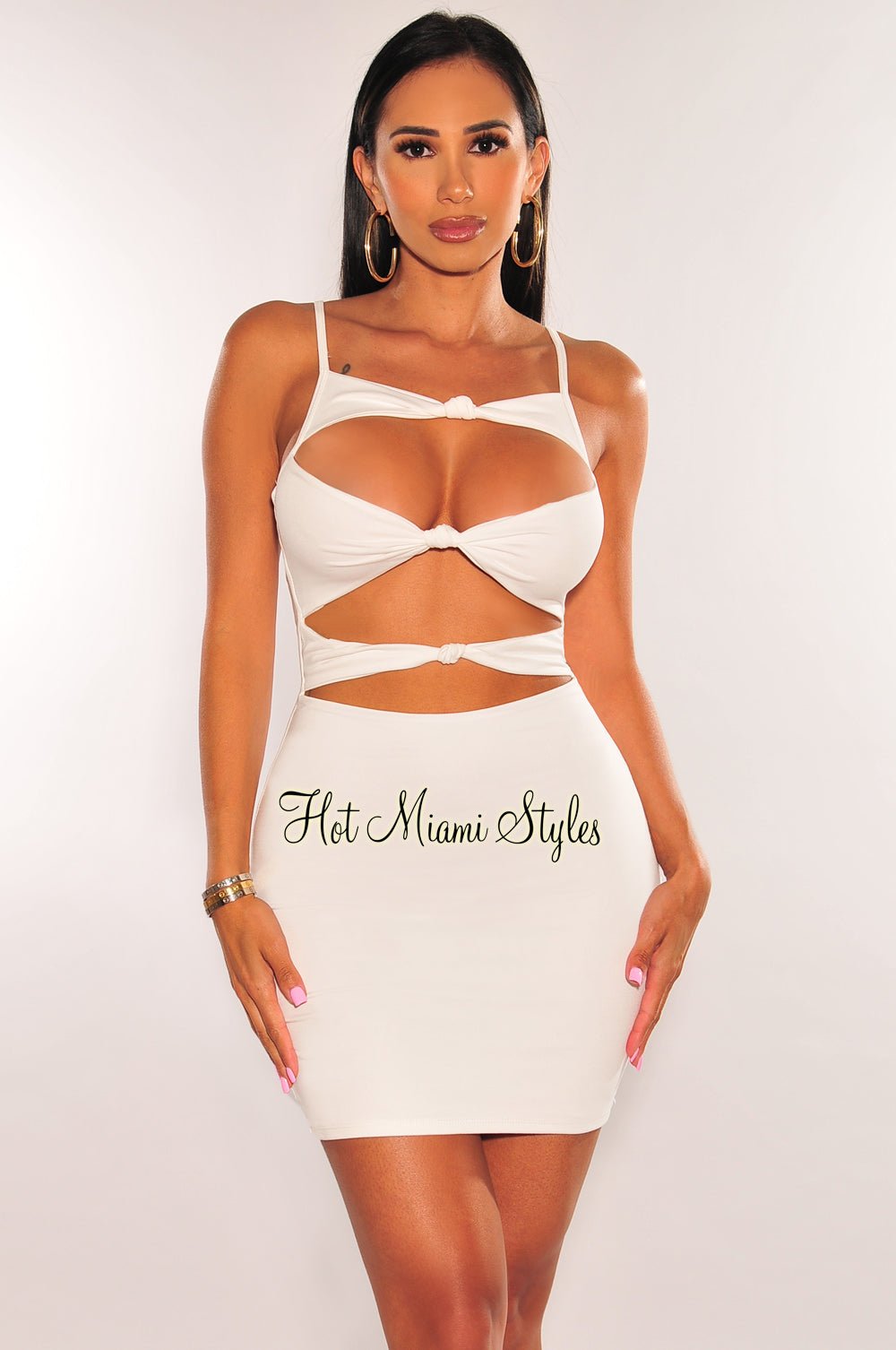 White Spaghetti Straps Knotted Cut Out Mini Dress