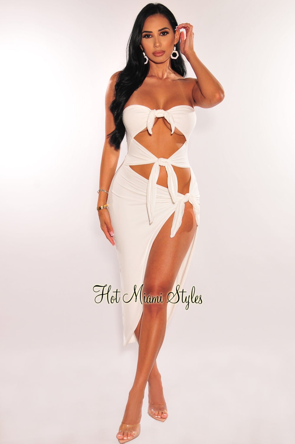 White Strapless Tie Up Cut Out Slit Midi Dress