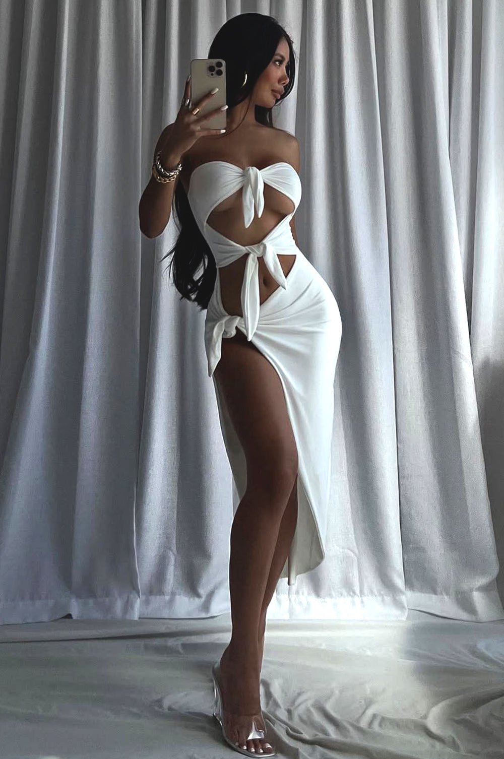 White Strapless Tie Up Cut Out Slit Midi Dress