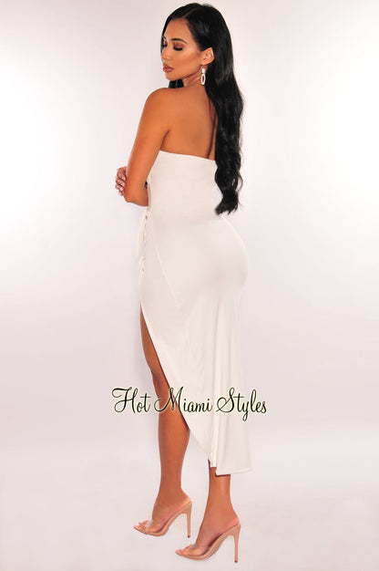 White Strapless Tie Up Cut Out Slit Midi Dress