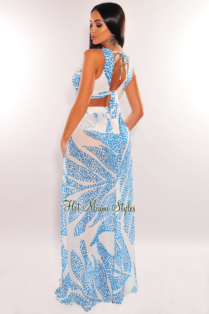 White Teal Palm V Neck Cut Out Maxi Dress