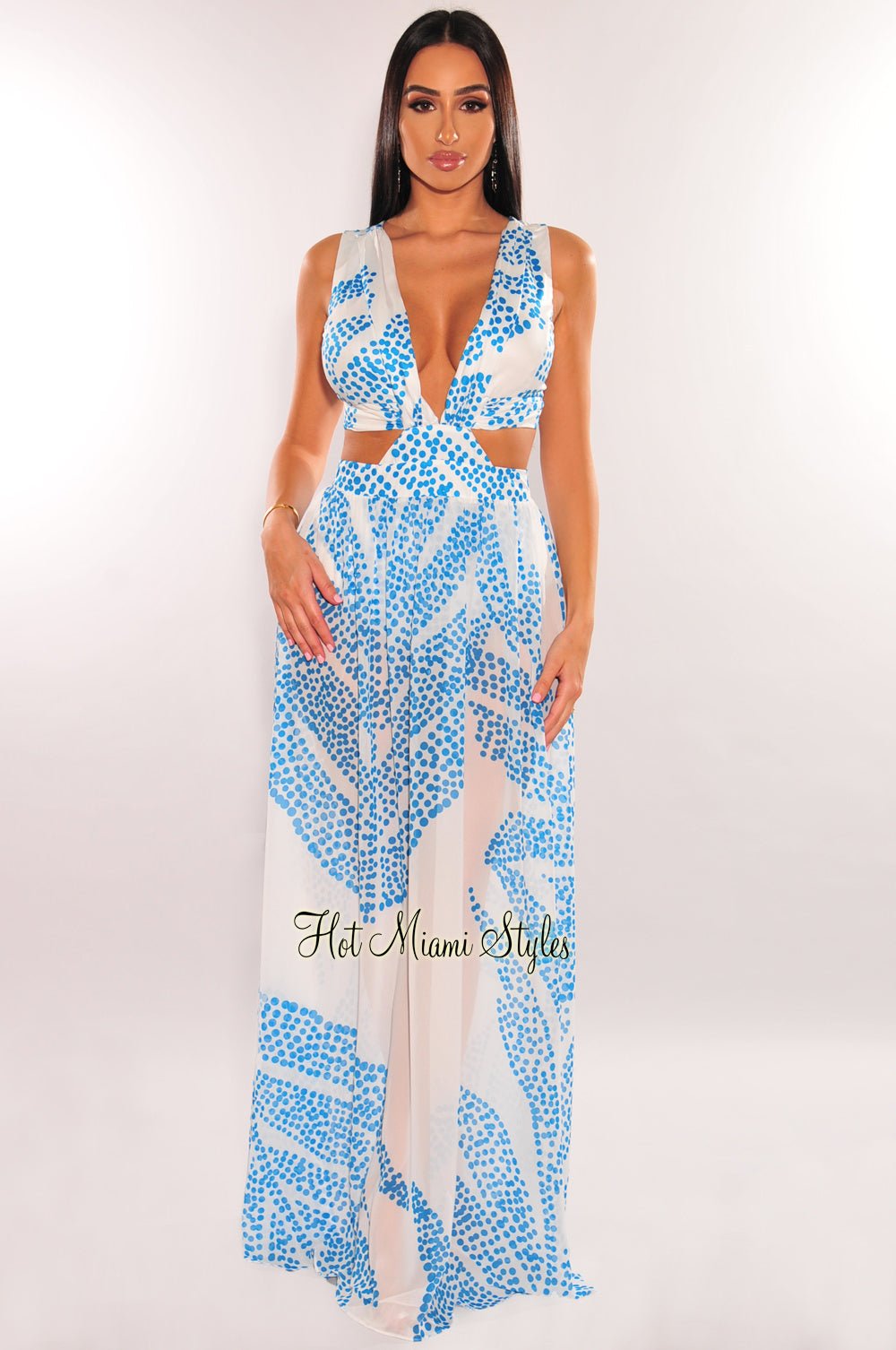 White Teal Palm V Neck Cut Out Maxi Dress