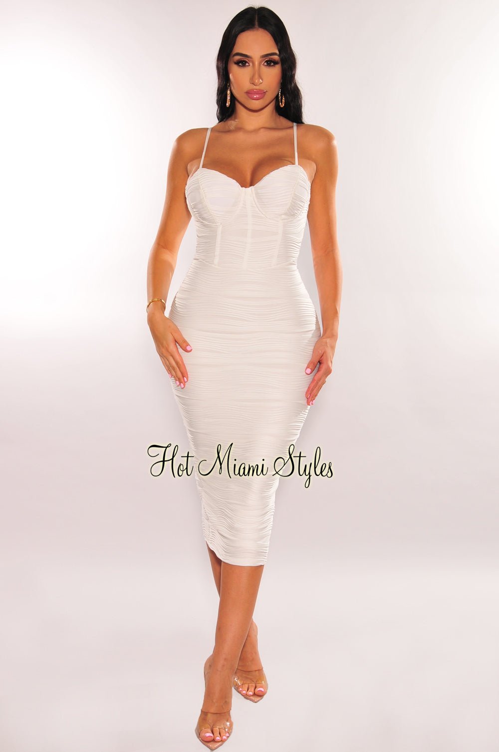 White Textured Padded Faux Boned Spaghetti Strap Slit Midi Dress