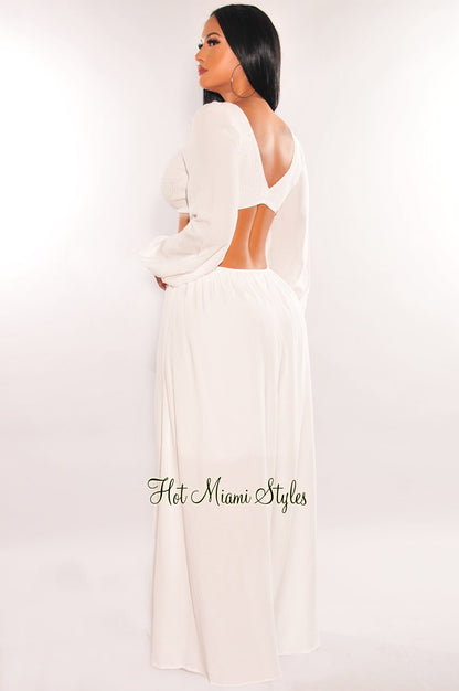 White V Neck Smocked Cut Out Long Sleeve Maxi Dress