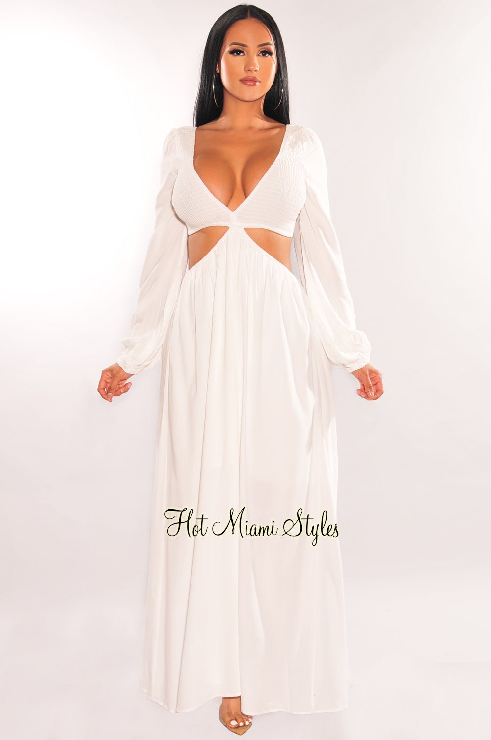 White V Neck Smocked Cut Out Long Sleeve Maxi Dress