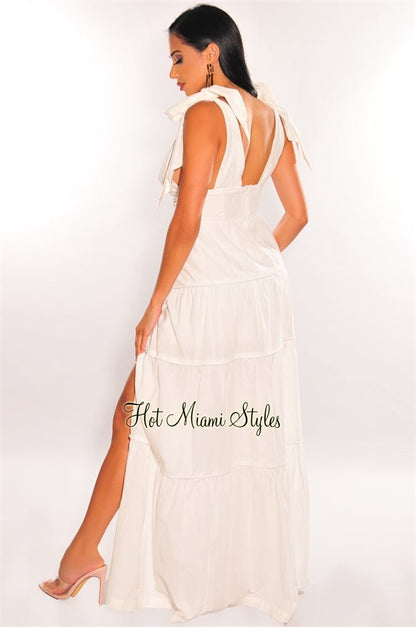 White V Neck Tie Up Button Up Slit Tiered Maxi Dress