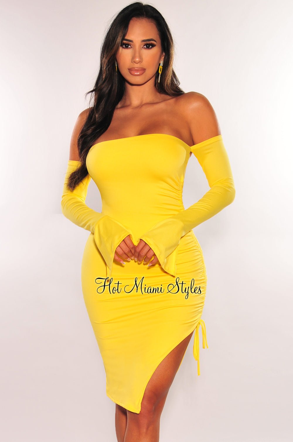 Yellow Off Shoulder Long Sleeves Ruched Slit Dress