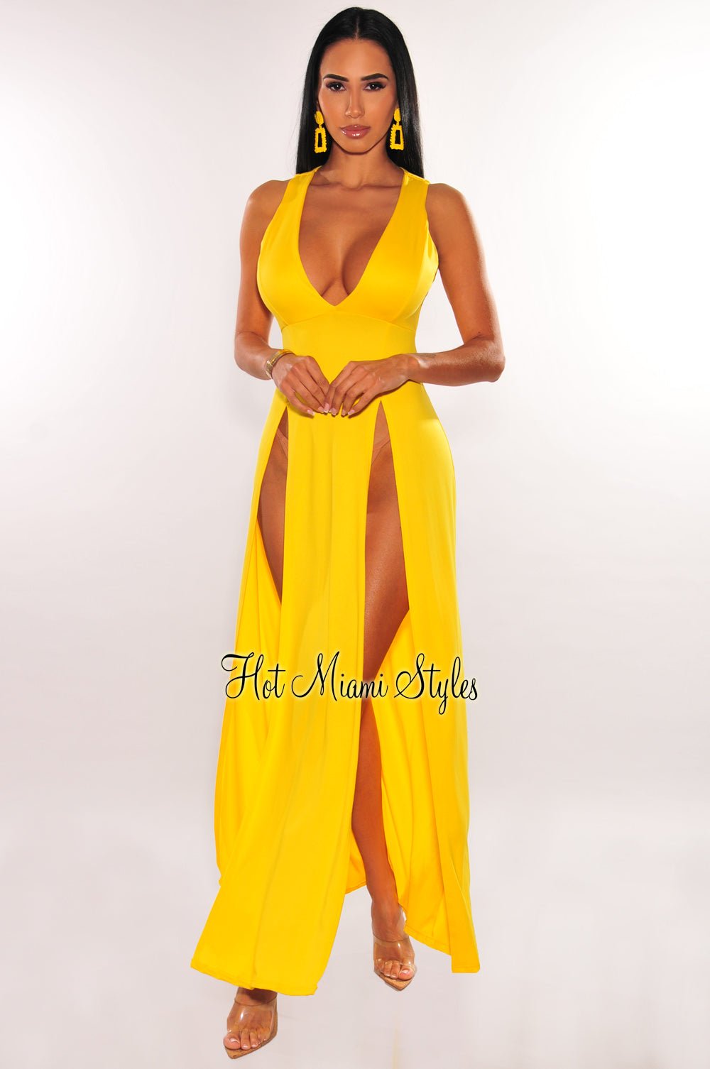 Yellow Sleeveless V Neck Double Slit Cover Up Maxi Dress