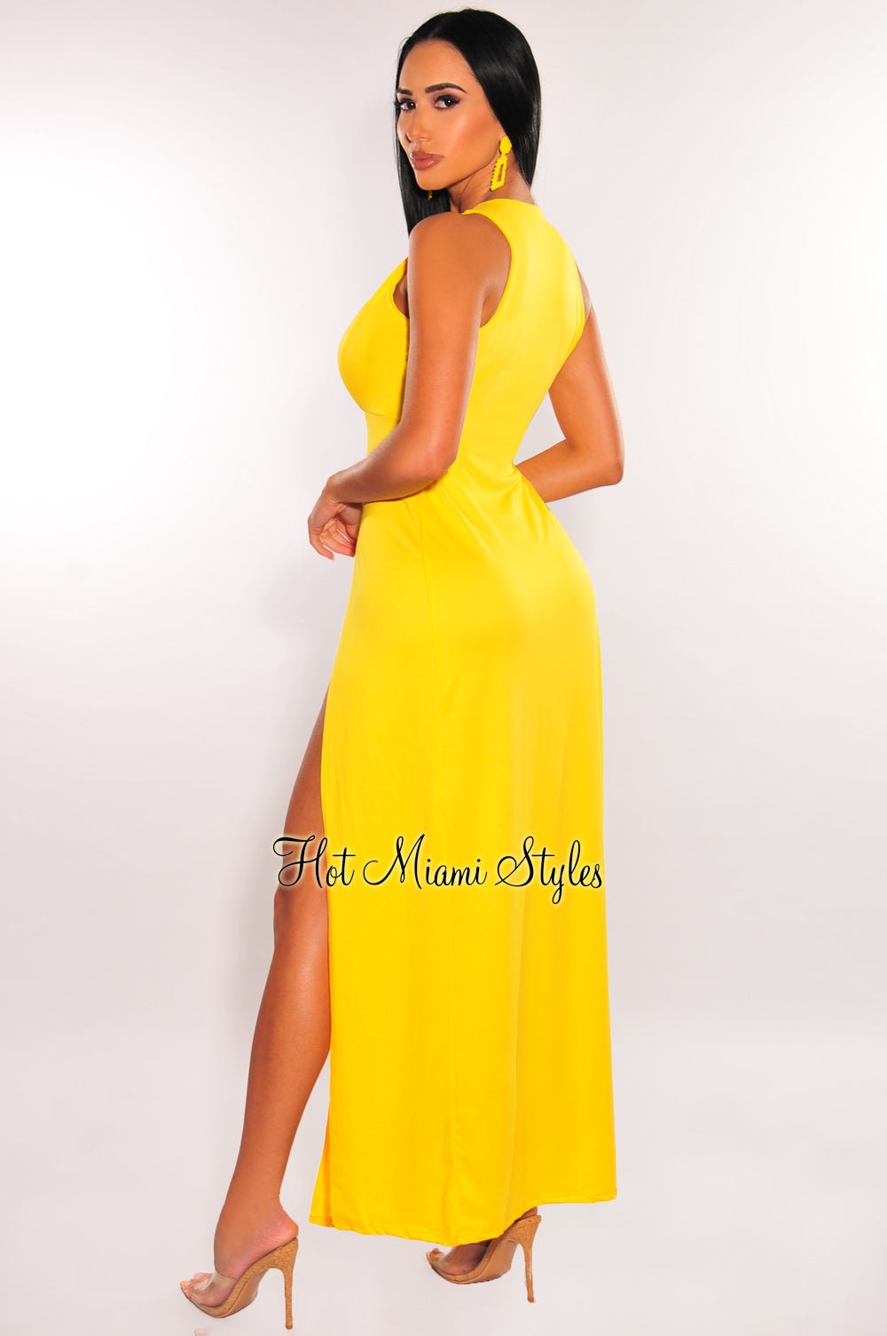 Yellow Sleeveless V Neck Double Slit Cover Up Maxi Dress