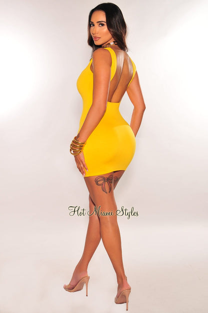 Yellow Squared Neckline Open Back Mini Dress