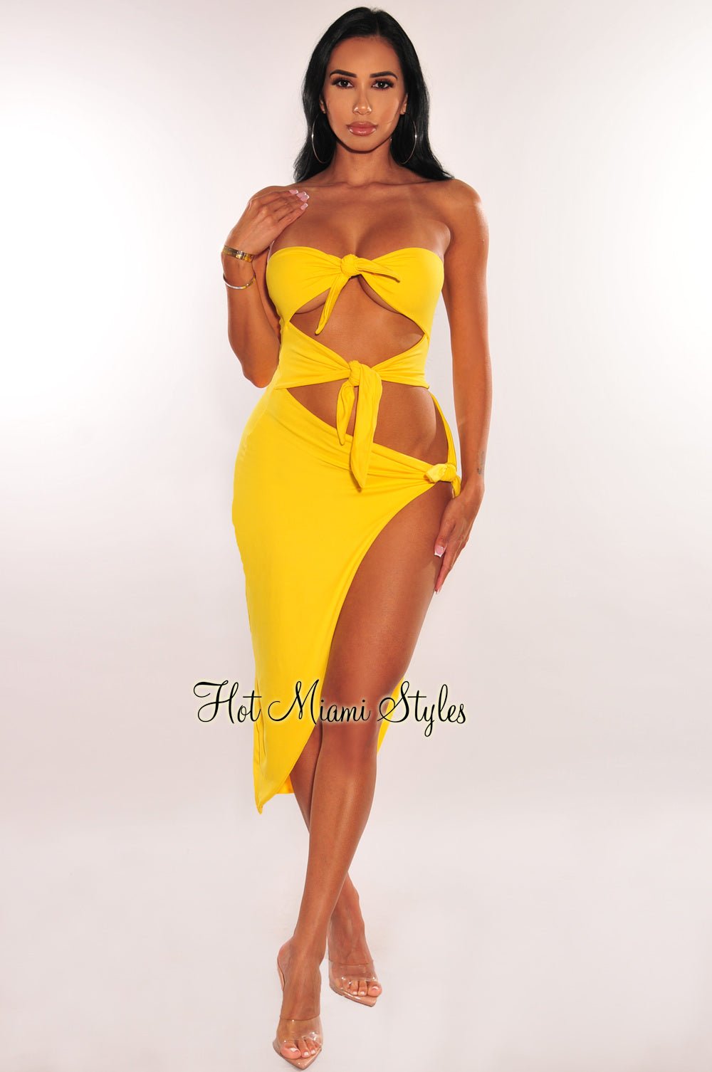 Yellow Strapless Tie Up Cut Out Slit Midi Dress