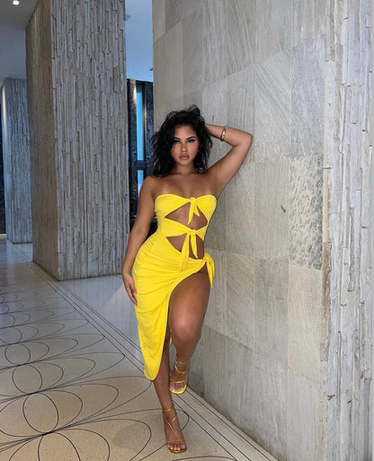 Yellow Strapless Tie Up Cut Out Slit Midi Dress