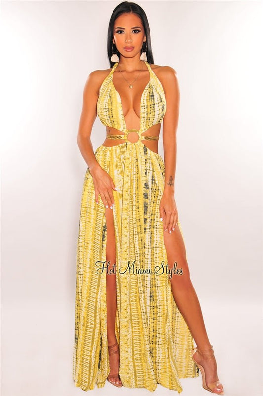 Yellow Tie Dye O-Ring Cut Out Gold Belted Double Slit Maxi Dress